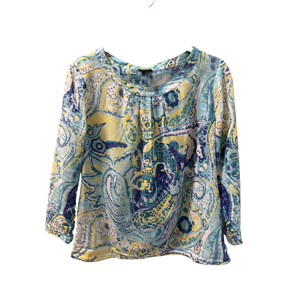 Talbots Womens Size10 Aqua Paisley Print Blouse Sheer Lightweight Coastal Summer